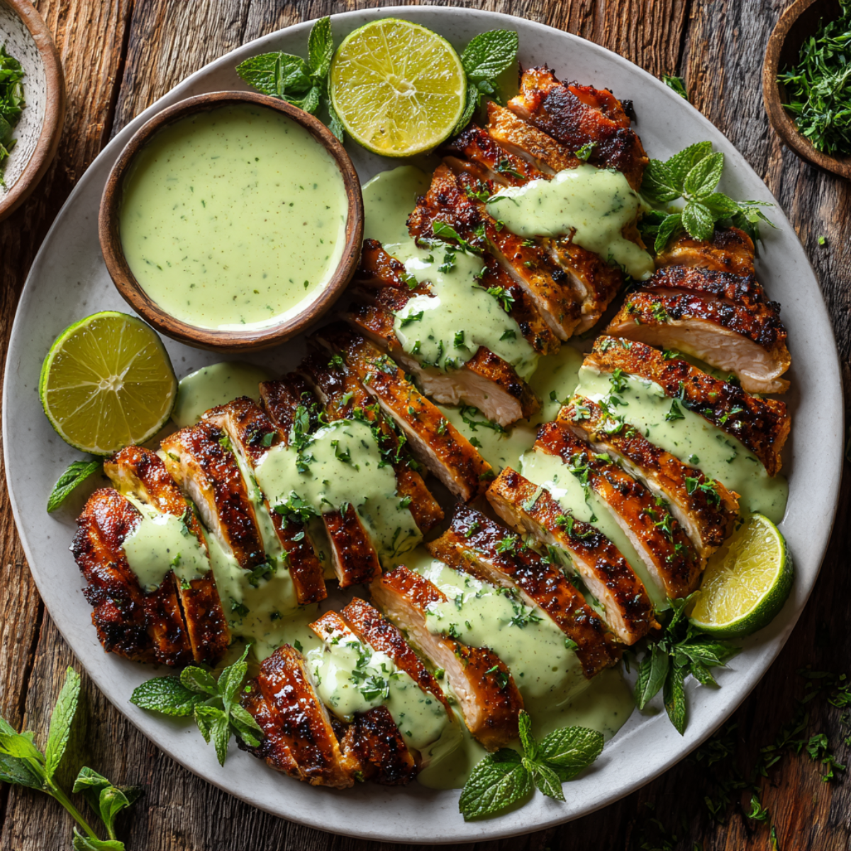 Sliced roasted chicken arranged on a platter, generously drizzled with green Aji Verde sauce. A small bowl of extra sauce and fresh lime halves garnish the plate, along with fresh mint and herbs.
