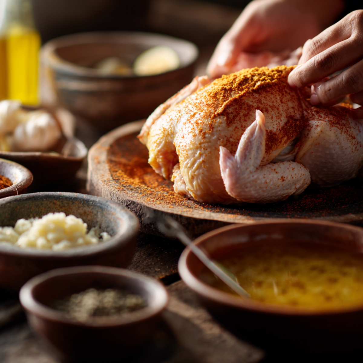 Rustic kitchen scene with a raw whole chicken being seasoned by hand. Surrounding the chicken are bowls of paprika, garlic, oil, and other spices, ready for marinating.