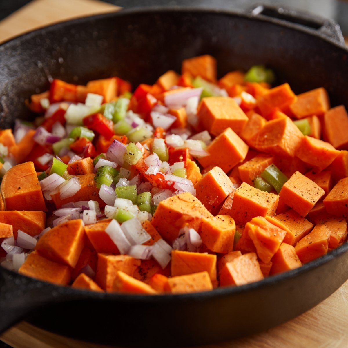 A close-up of a cast-iron skillet filled with diced sweet potatoes, chopped red onions, green bell peppers, and red bell peppers, lightly seasoned.