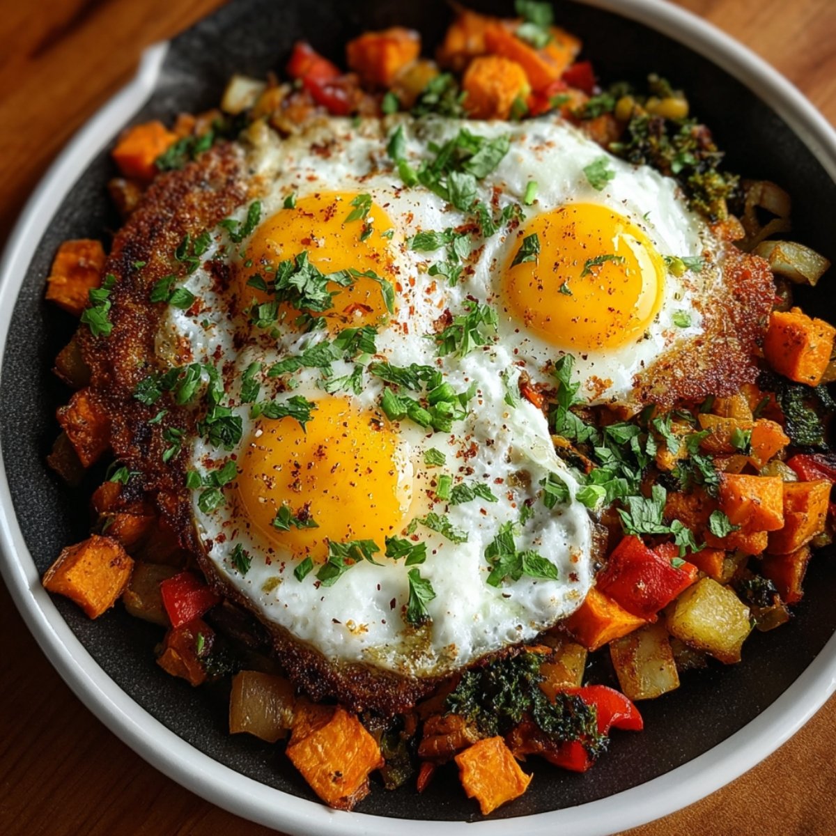 A cast-iron skillet filled with sweet potato hash topped with four sunny-side-up eggs, garnished with fresh chopped parsley and black pepper, with colorful red and green bell peppers mixed in.