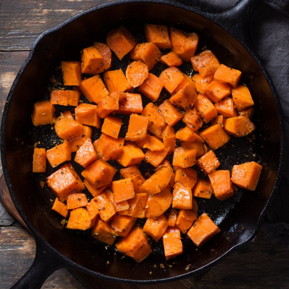Cubes of sweet potato cooking in a cast-iron skillet, seasoned and lightly caramelized, on a rustic wooden surface with a dark cloth nearby.