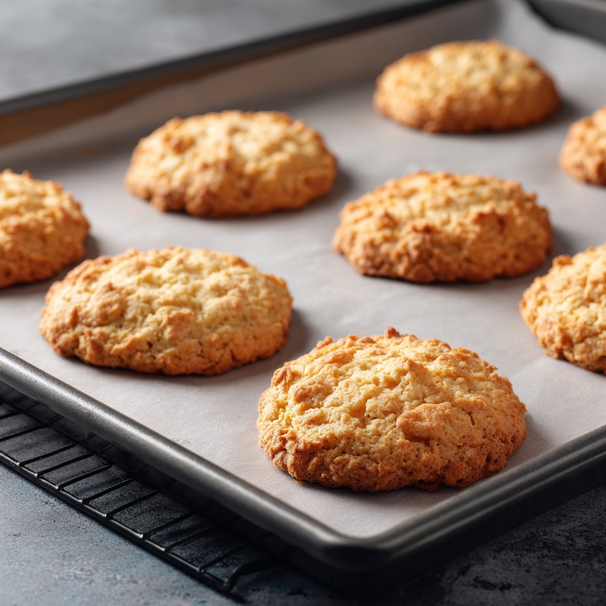 Freshly baked golden-brown cookies on a parchment-lined baking sheet, cooling on a wire rack. The cookies appear soft, thick, and slightly crispy on the edges.