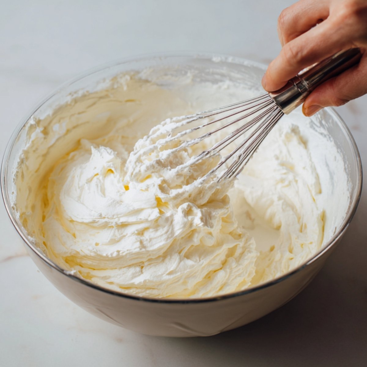 A hand using a whisk to beat a bowl of fluffy mascarpone cream. The smooth white mixture is being prepared for a dessert like tiramisu or sandwich cookies.