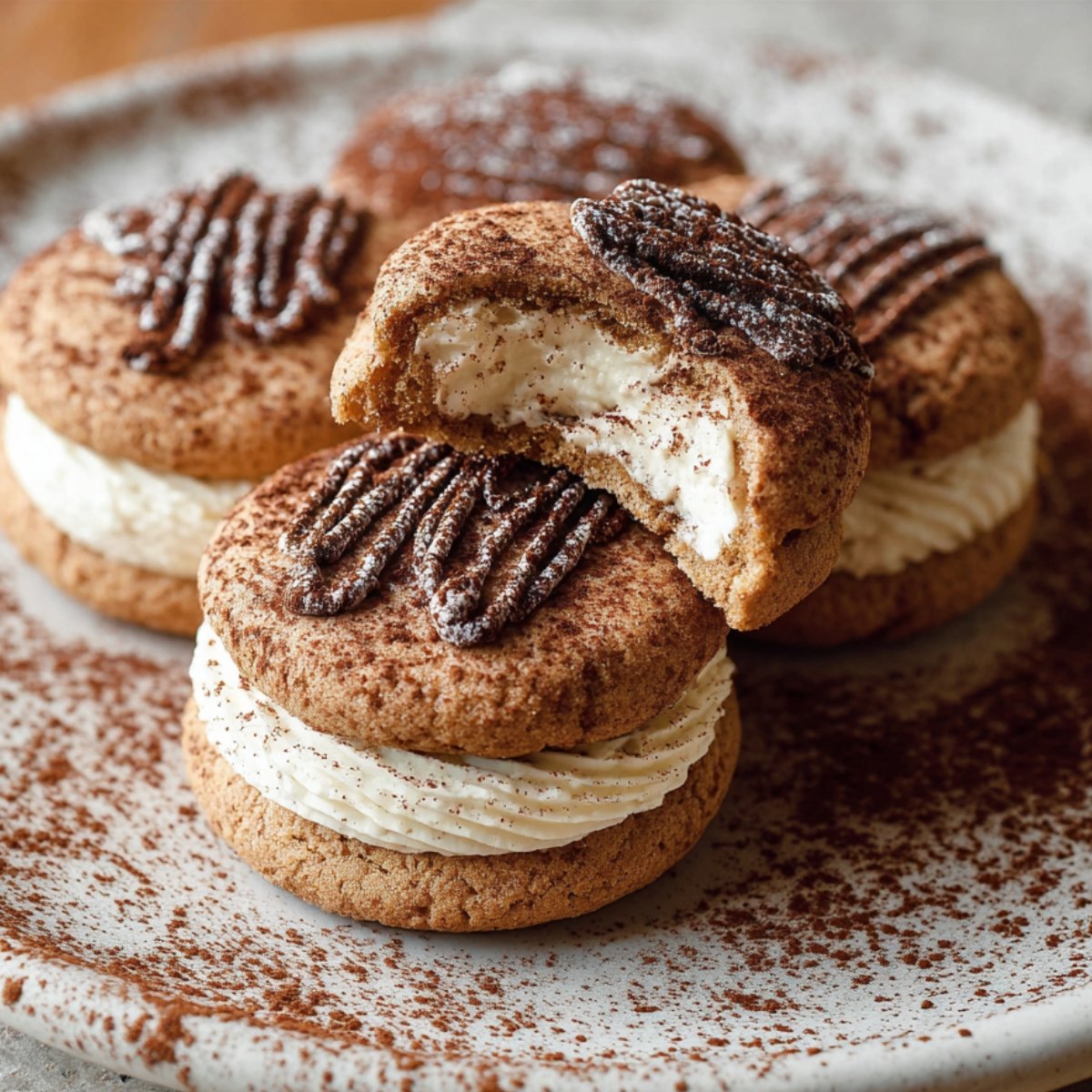 Plate of tiramisu-style sandwich cookies filled with mascarpone cream and dusted with cocoa powder. One cookie has a bite taken out, showing the soft, creamy center.
