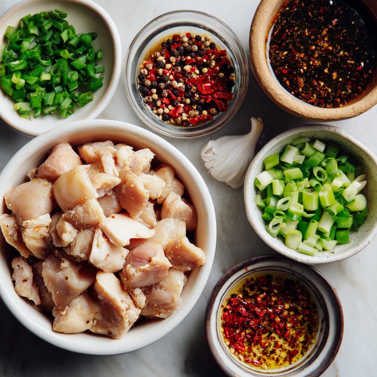Overhead view of raw diced chicken surrounded by small bowls of chopped green onions, cracked pepper, soy sauce, chili oil, and garlic cloves, arranged on a white marble surface.
