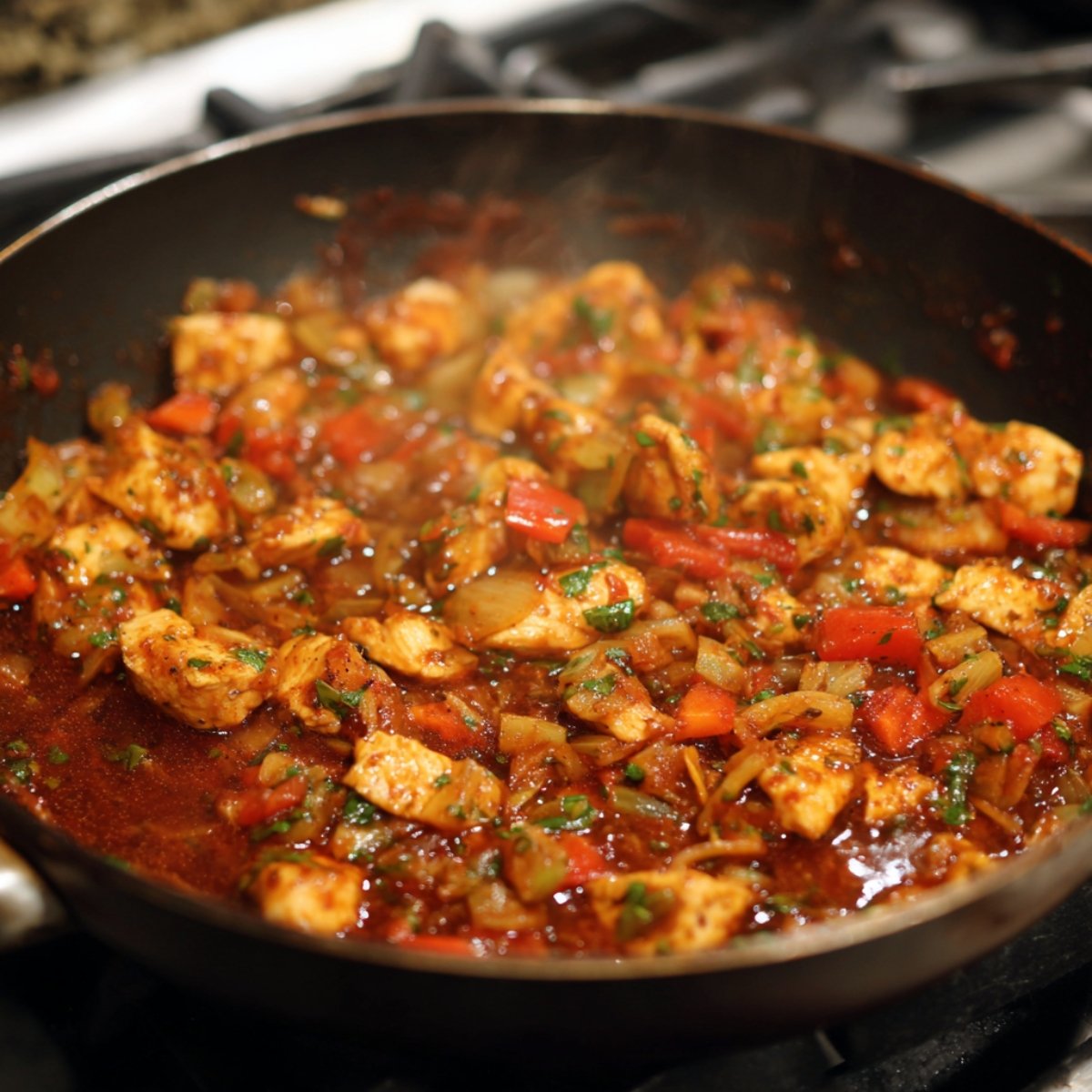 Black pepper chicken sizzling in a cast iron skillet, coated in a rich, glossy sauce with garlic and green onions, on a gas stovetop.