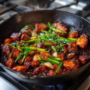 Chicken stir-fry in a pan with red bell peppers, onions, herbs, and a spicy red sauce, steaming over high heat on a stovetop.