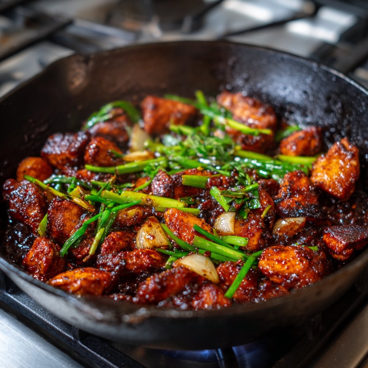 Chicken stir-fry in a pan with red bell peppers, onions, herbs, and a spicy red sauce, steaming over high heat on a stovetop.