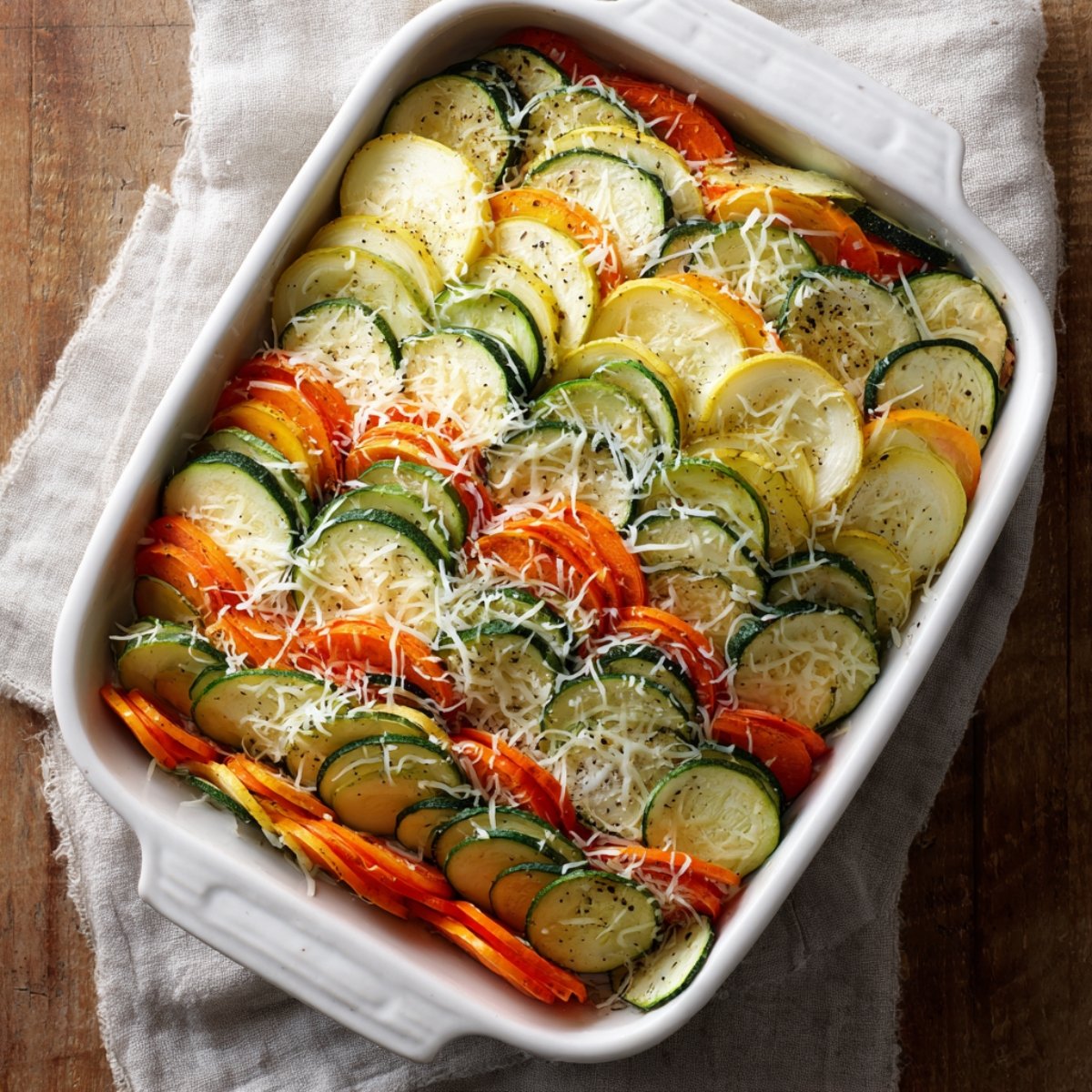 An uncooked vegetable gratin in a white baking dish, with colorful rows of sliced zucchini, yellow squash, carrots, and onions, sprinkled with shredded cheese and seasoned with pepper.