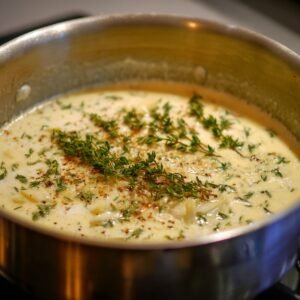 A saucepan of creamy sauce with visible sprigs of fresh thyme and a sprinkle of seasoning, simmering gently on the stove.