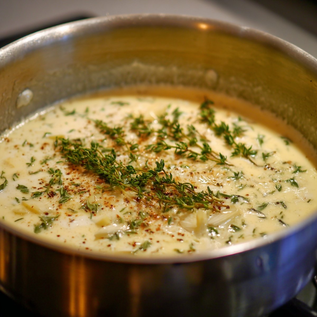 A saucepan of creamy sauce with visible sprigs of fresh thyme and a sprinkle of seasoning, simmering gently on the stove.