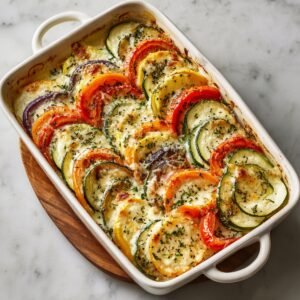 A baked cheesy root vegetable gratin in a white rectangular dish, featuring neatly layered slices of zucchini, tomato, yellow squash, and eggplant topped with melted cheese and sprinkled herbs.