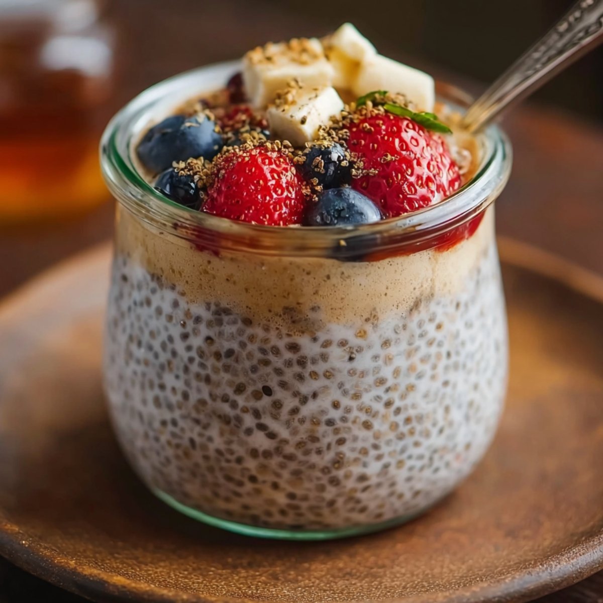 Top view of a glass filled with chia pudding, showing a creamy texture with chia seeds evenly dispersed in the liquid.