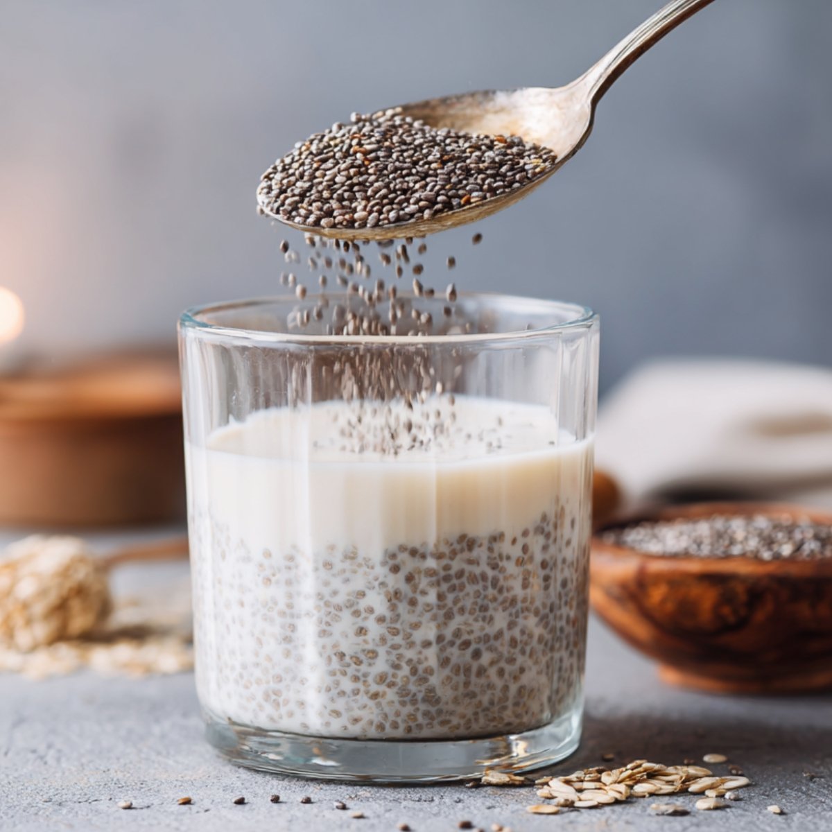 Spoonful of chia seeds being poured into a glass of milk, in the process of making chia pudding.