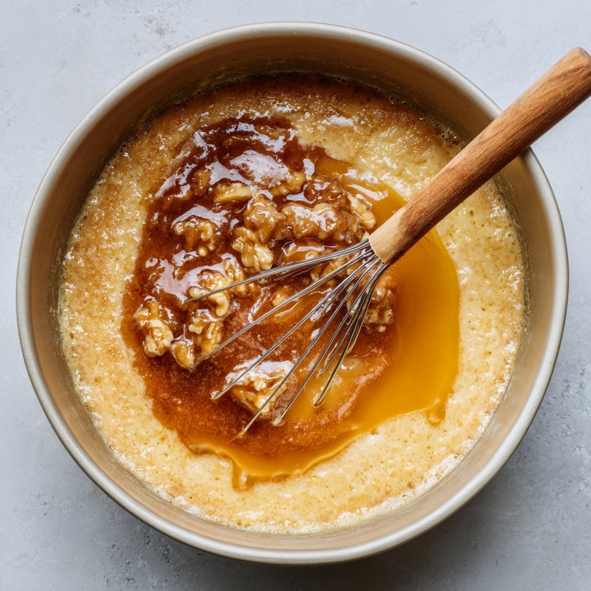 Sticky toffee sponge batter being mixed with brown sugar and melted butter in a metal bowl.