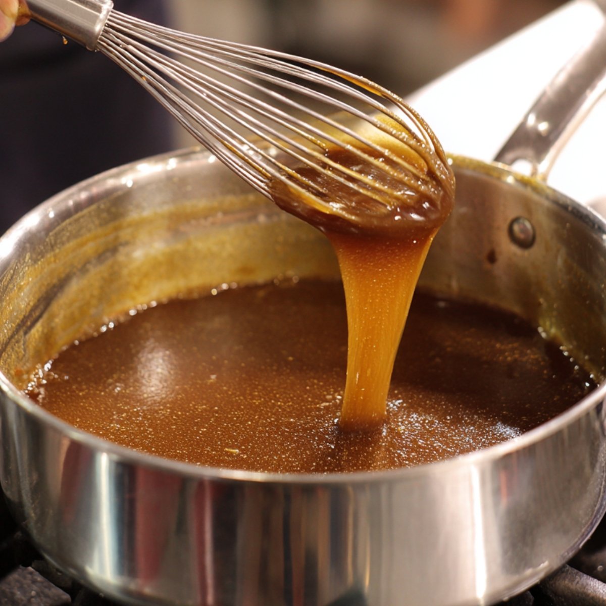 Rich golden toffee sauce being whisked in a saucepan on a stovetop