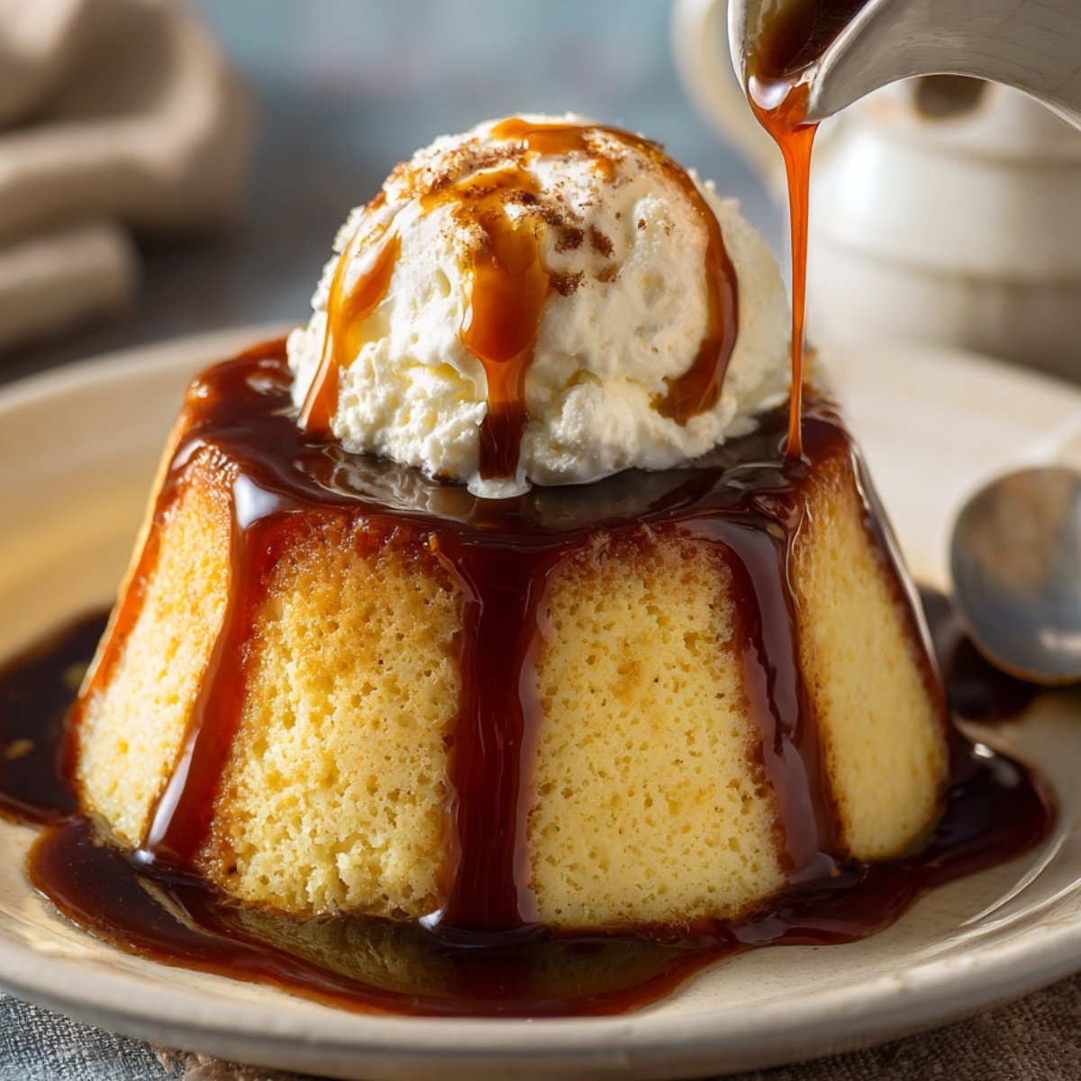 Sticky toffee pudding topped with a scoop of vanilla ice cream and drizzled with warm toffee sauce.