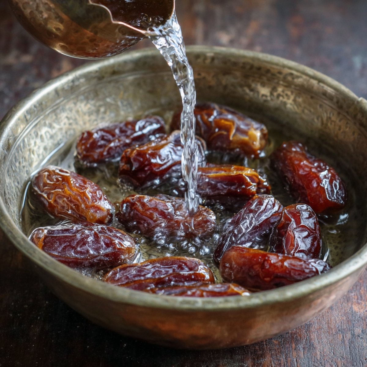 Medjool dates in a bowl being soaked with boiling water to soften before baking.