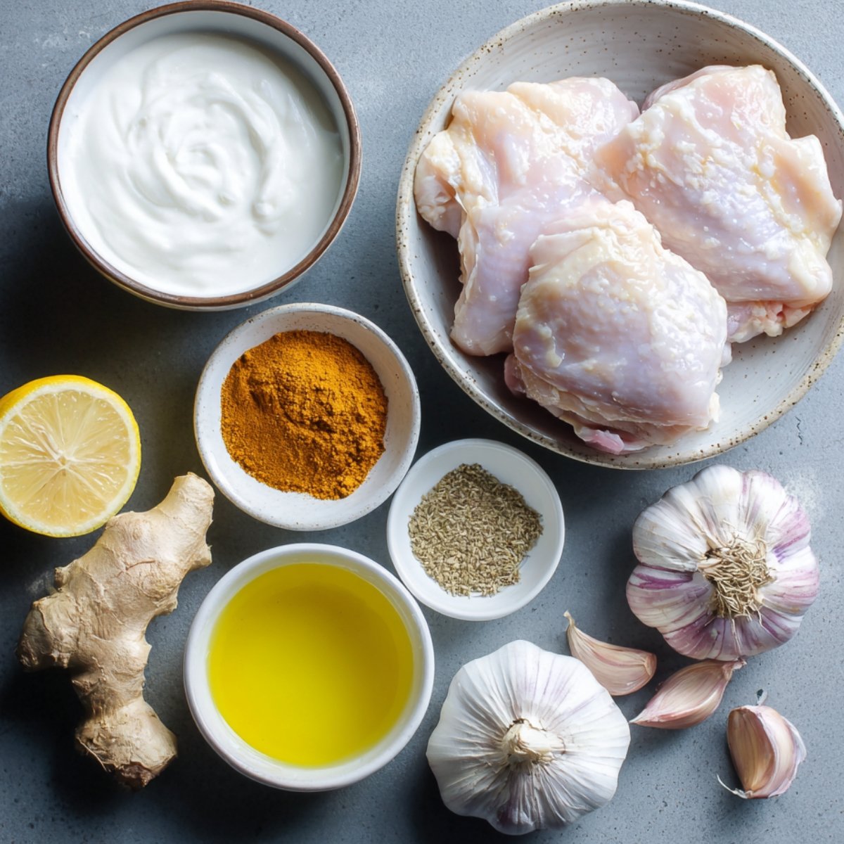 Ingredients for the butter chicken marinade displayed on a gray surface: raw chicken thighs, plain yogurt, lemon half, fresh ginger, turmeric powder, dried spices, olive oil, garlic bulbs, and garlic cloves.