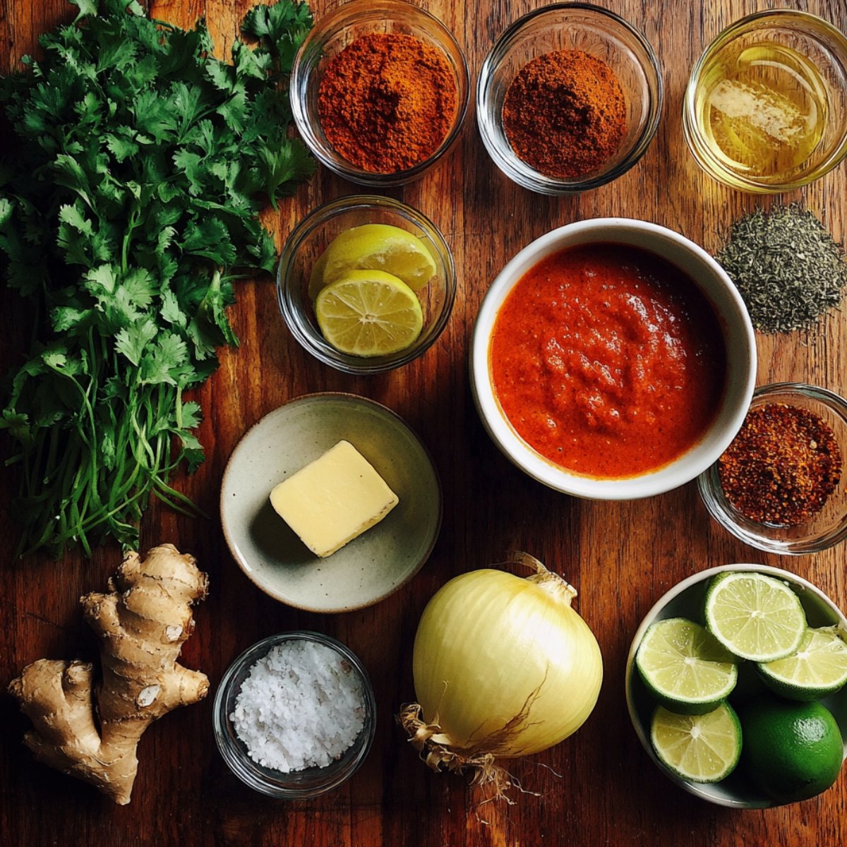 Ingredients for the butter chicken sauce laid out on a wooden surface, including fresh cilantro, ground spices, lemon slices, butter, yellow onion, salt, tomato sauce, ginger root, and whole limes.