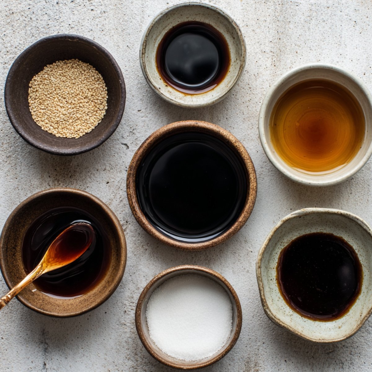 A flat lay of various Asian stir-fry sauce ingredients in ceramic bowls, including soy sauce, sesame oil, oyster sauce, sugar, rice vinegar, hoisin sauce, and white pepper, on a textured light surface.