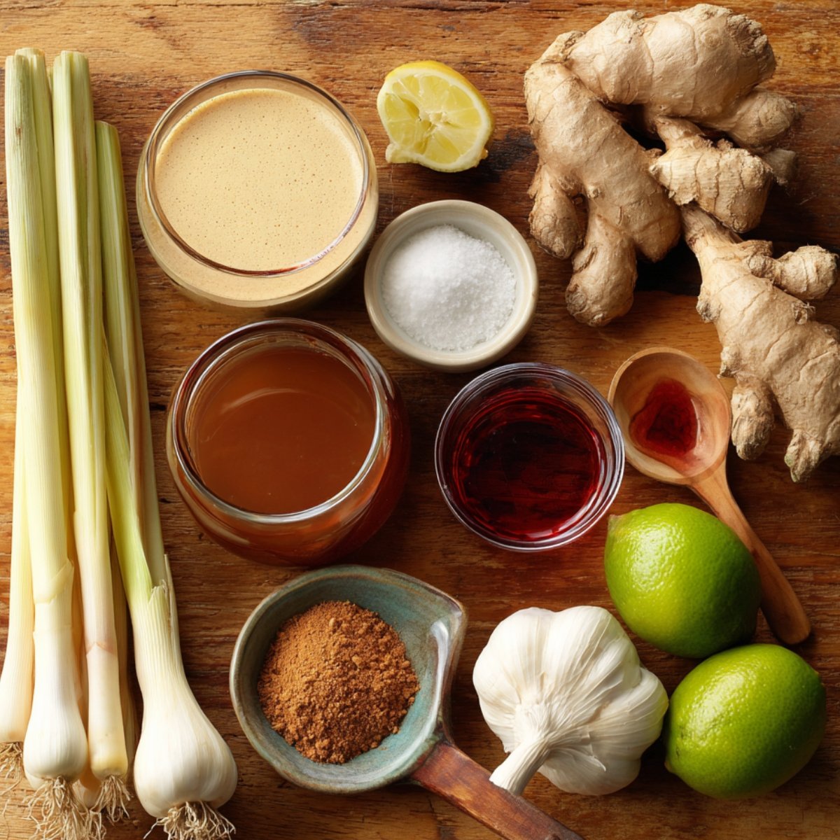 A variety of aromatic ingredients for Southeast Asian cooking arranged on a wood table: fresh lemongrass, ginger, garlic, limes, coconut milk, red vinegar, soy sauce, palm sugar, and sea salt.