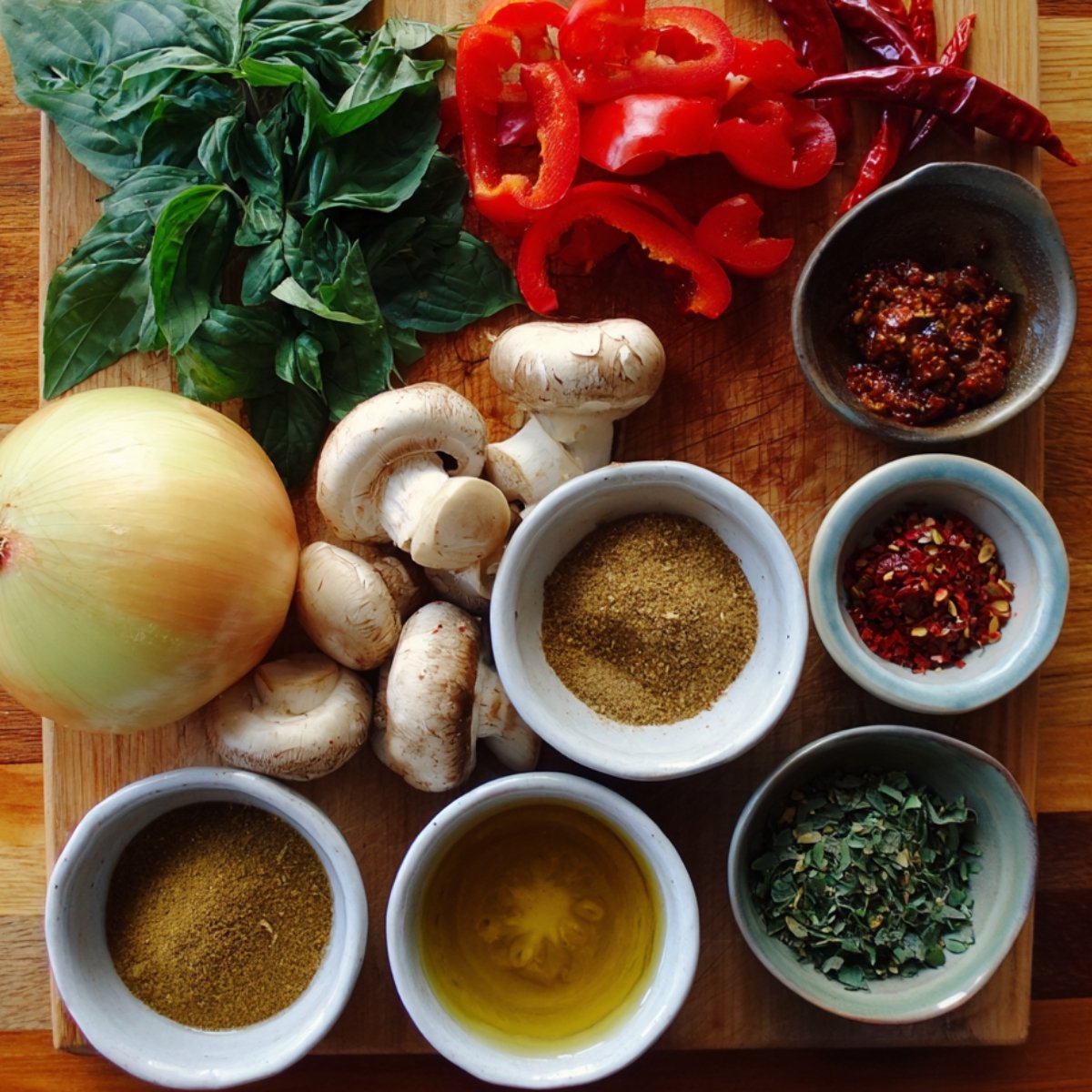 A wooden cutting board filled with Thai-inspired ingredients including mushrooms, red bell peppers, fresh basil, onion, dried chilies, chili paste, cumin, oregano, olive oil, and ground spices.