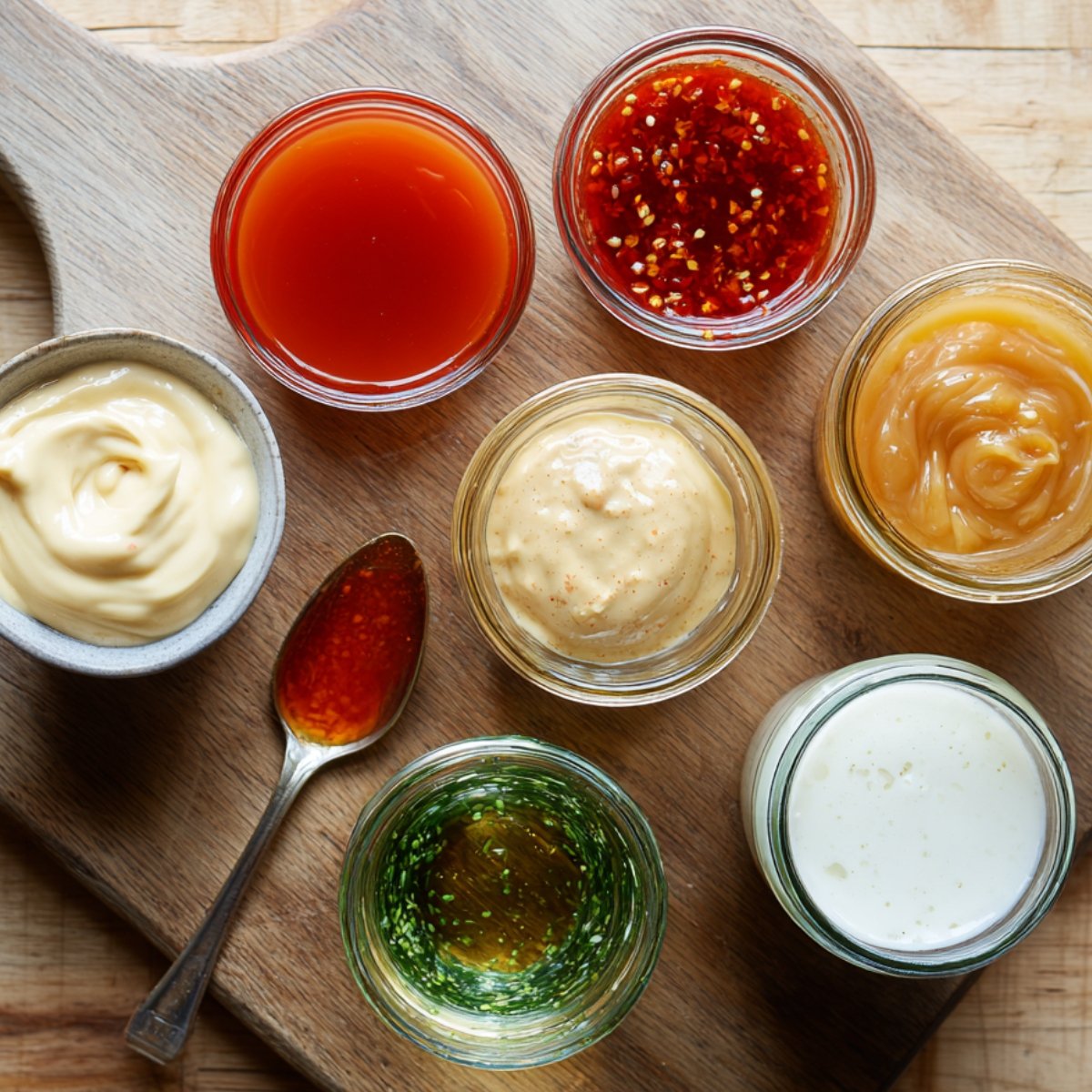 A top-down view of eight small bowls and jars filled with assorted sauces, including mayonnaise, sweet chili, sriracha, caramel, green herb sauce, and creamy dressings, arranged on a wooden board with a spoon.