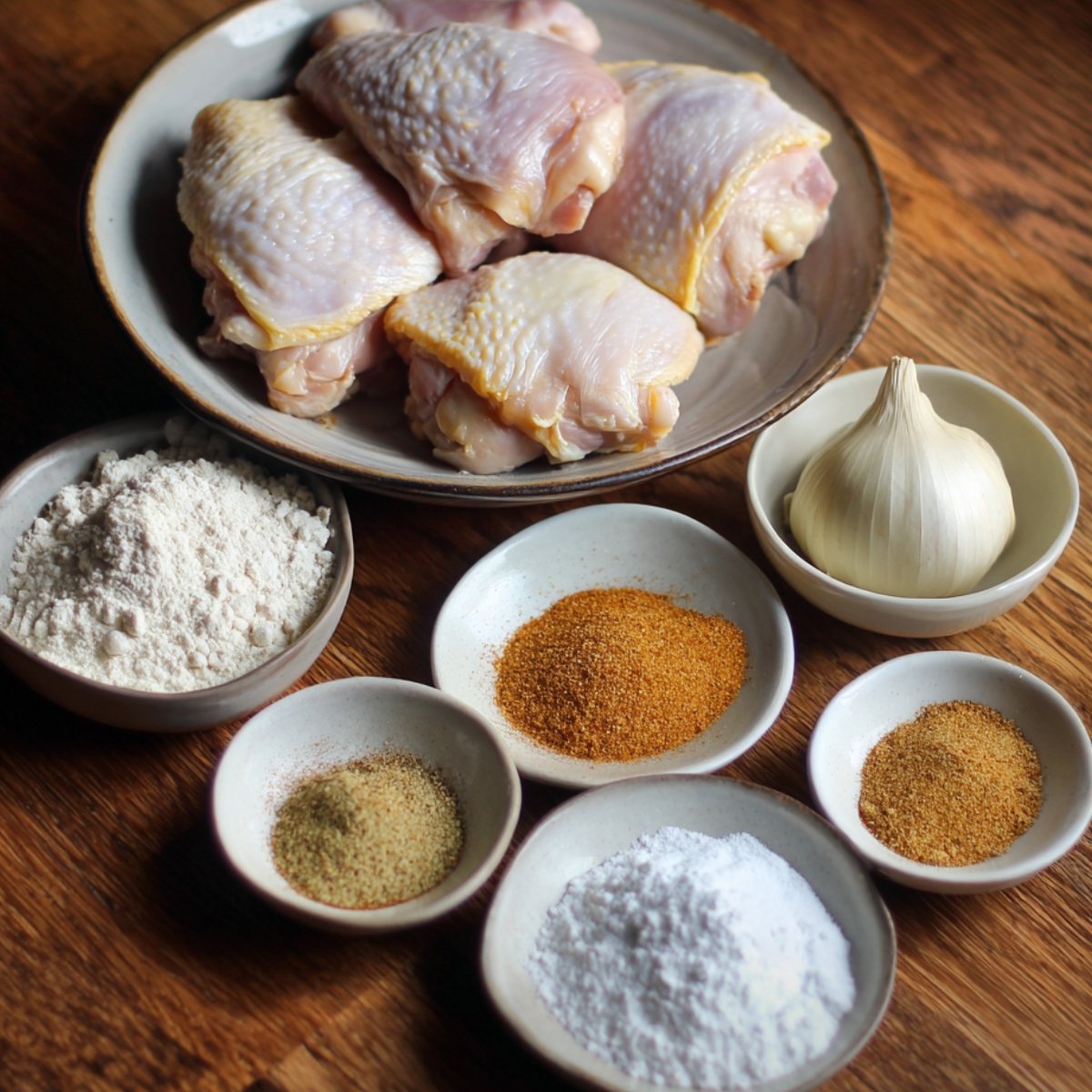A plate of raw chicken thighs surrounded by small bowls filled with flour, spices, garlic, salt, and seasonings, all set on a rustic wooden table ready for preparation.