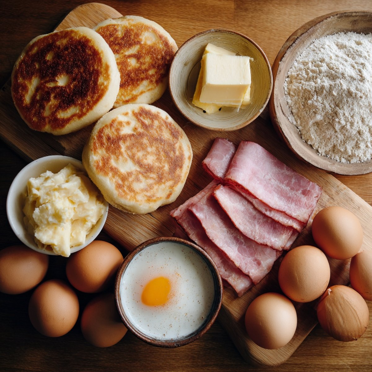 A rustic breakfast scene with English muffins, butter, flour, eggs, sliced ham, mashed potatoes, and a sunny-side-up egg in a small bowl—ingredients often used as a base for egg dishes like baked feta eggs.
