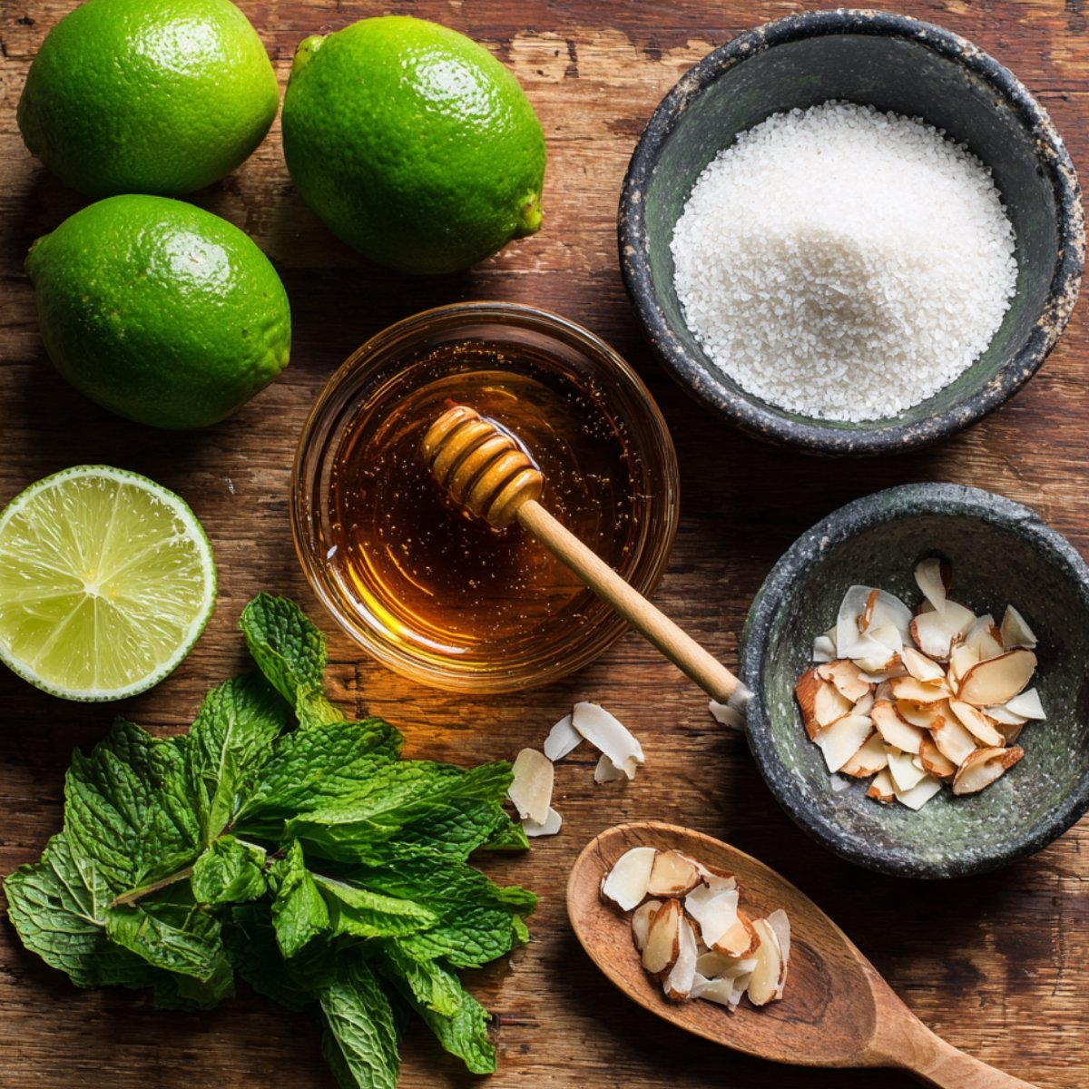 Ingredients for a fruity dressing or marinade including whole limes, lime juice, sugar, honey, almond slices, and fresh mint leaves on a wooden surface.
