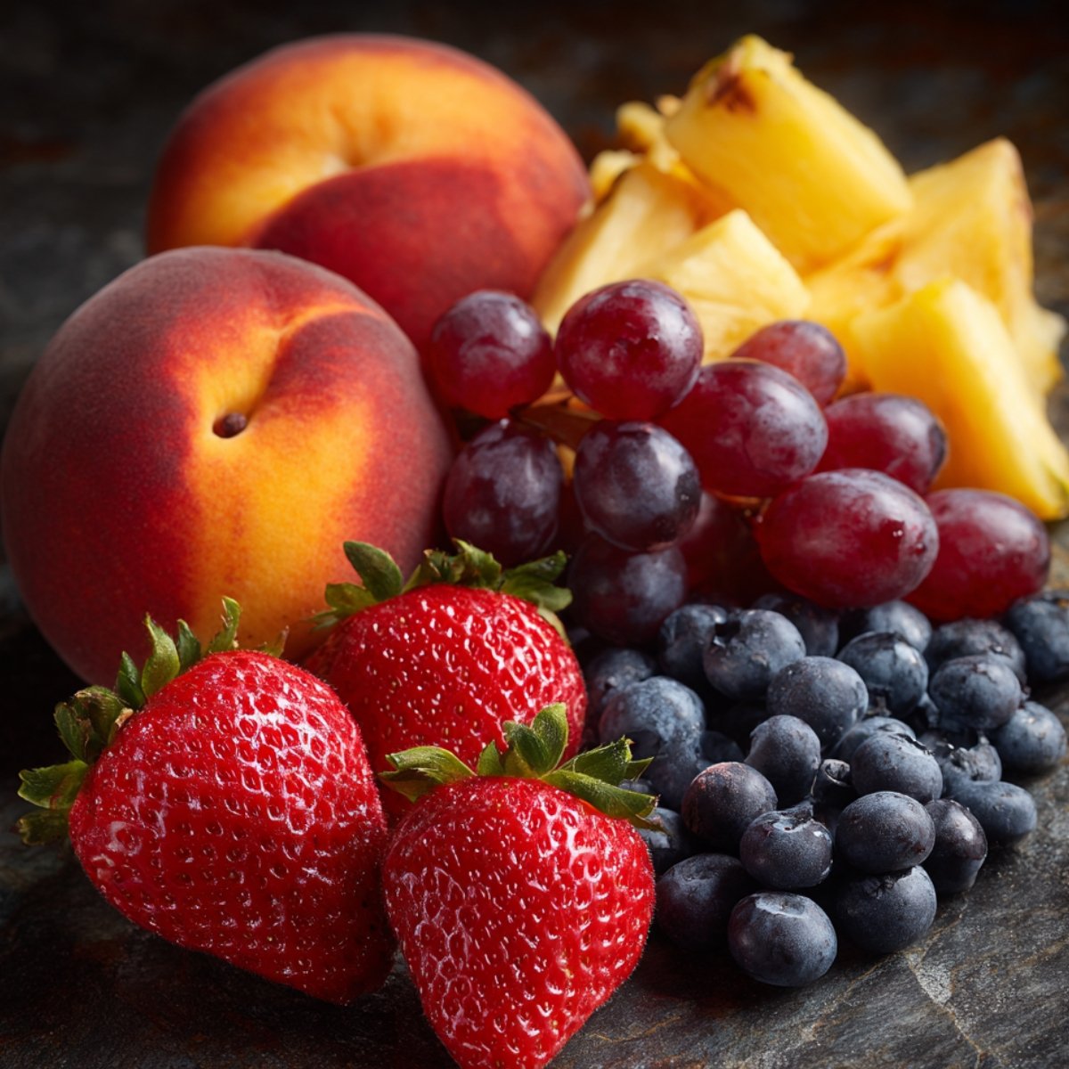 A colorful mix of fresh fruits including peaches, strawberries, blueberries, grapes, and pineapple arranged on a dark slate surface.