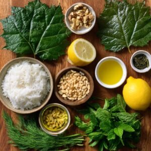 Top-down view of classic vegan dolma ingredients including grape leaves, white rice, pine nuts, walnuts, lemon, fresh dill, mint, and olive oil arranged on a wooden surface.