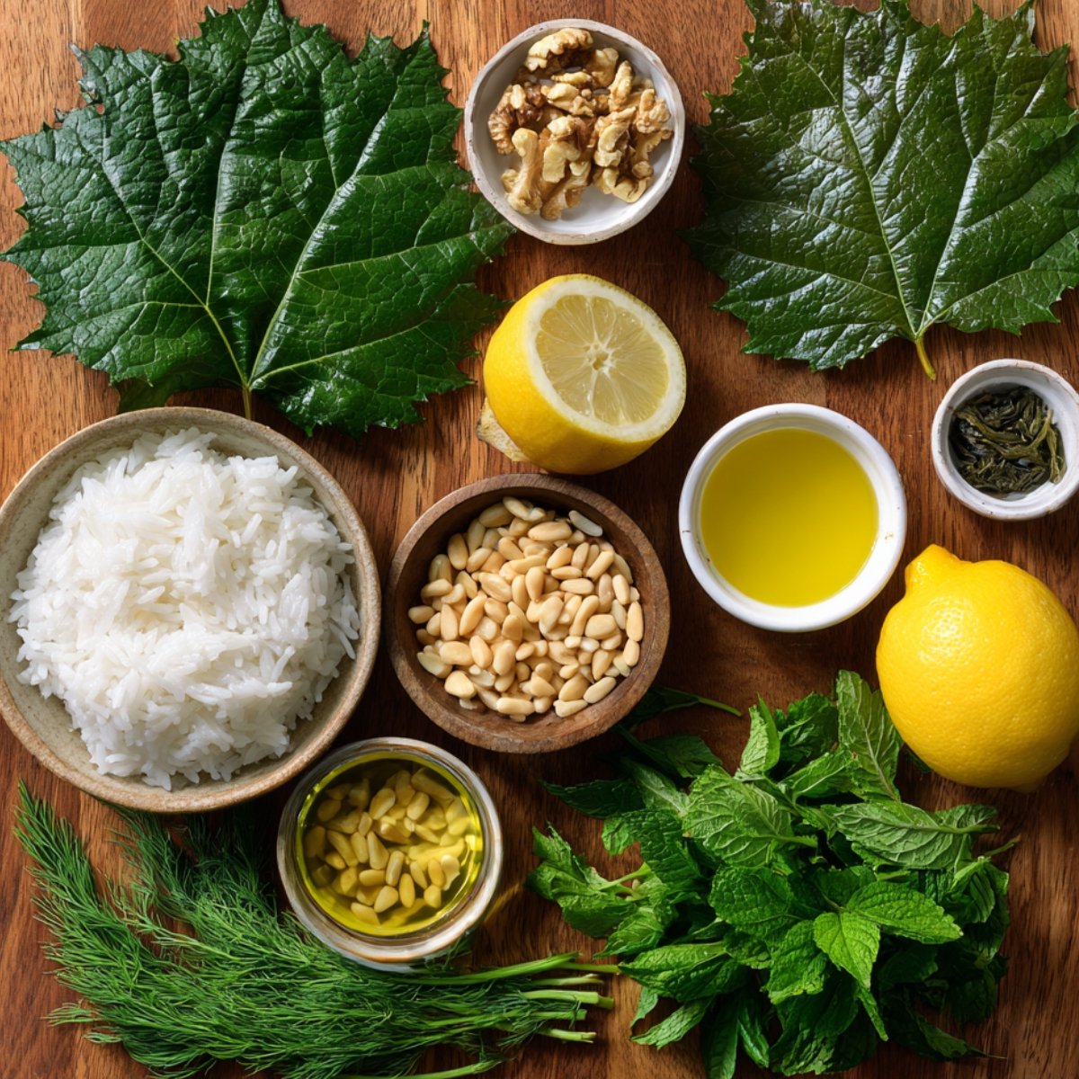 Top-down view of classic vegan dolma ingredients including grape leaves, white rice, pine nuts, walnuts, lemon, fresh dill, mint, and olive oil arranged on a wooden surface.