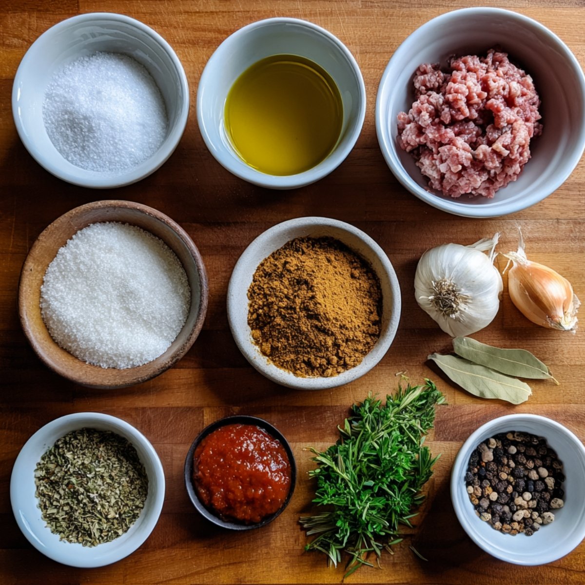 Assortment of Mediterranean dolma ingredients neatly displayed in small bowls: ground meat, olive oil, sea salt, herbs, tomato paste, garlic, spices, and fresh parsley on a wooden surface.
