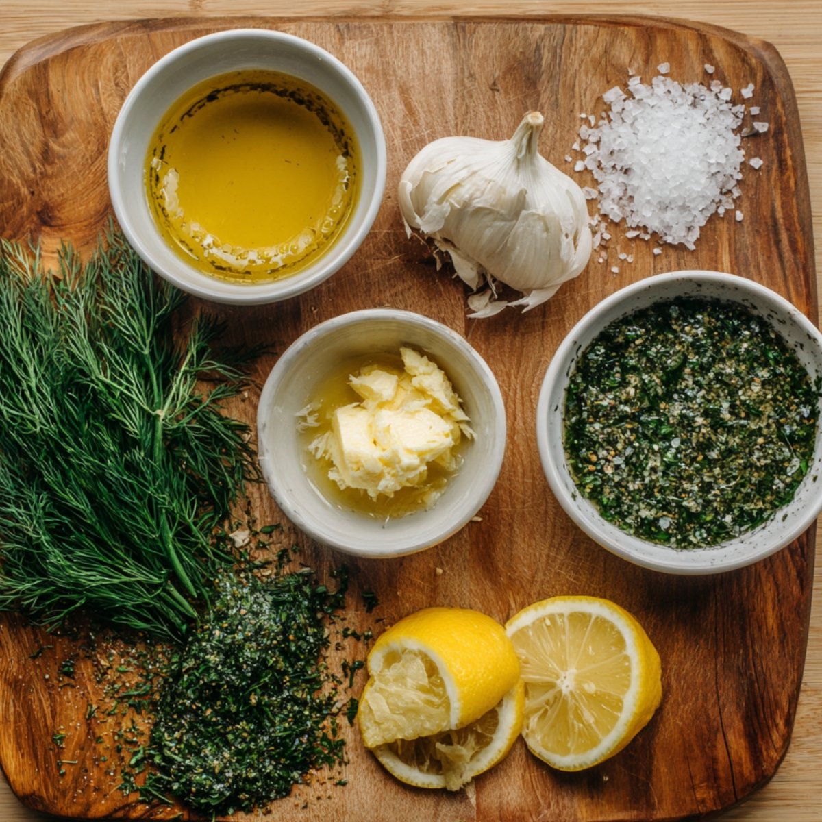A wooden board with ingredients for a salmon marinade, including olive oil, butter, minced herbs, fresh dill, garlic, coarse salt, and lemon halves.