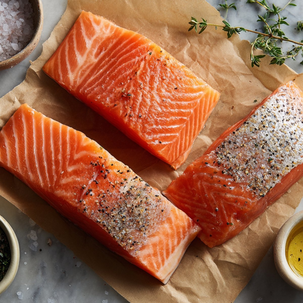 Three raw salmon fillets seasoned with salt and pepper on parchment paper, surrounded by bowls of coarse salt, herbs, and olive oil.