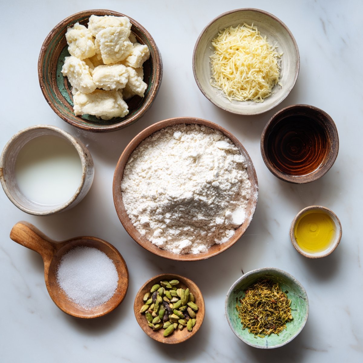 Ingrédients pour un dessert traditionnel indien : khoya (lait concentré solide), fromage râpé, farine, sucre, lait, cardamome, safran, huile et ghee, soigneusement disposés dans des bols en argile et en bois.