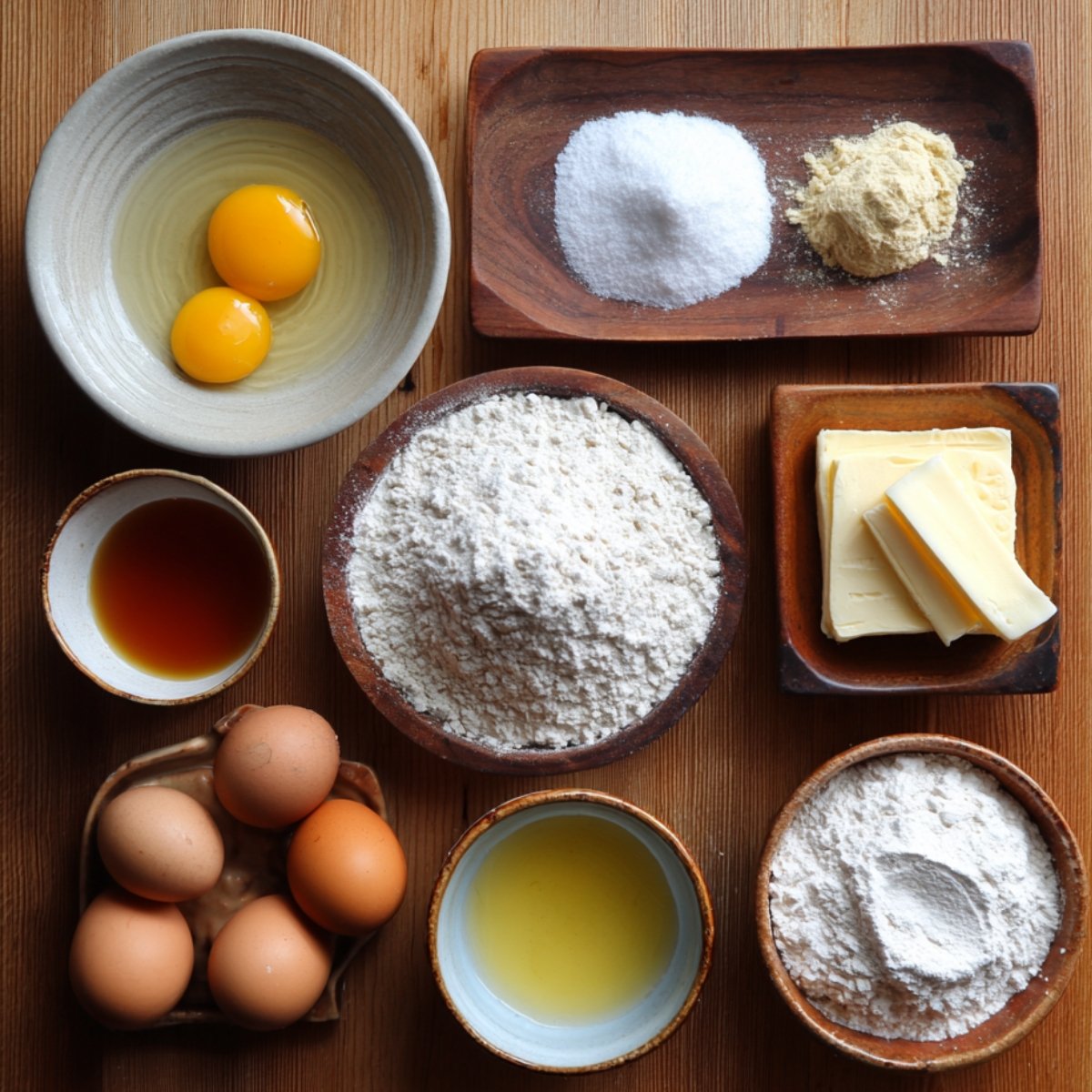 Ensemble d’ingrédients pour pancakes japonais disposés sur une table en bois : œufs entiers, jaunes d'œufs, farine, beurre, huile, sucre, levure chimique, extrait de vanille.