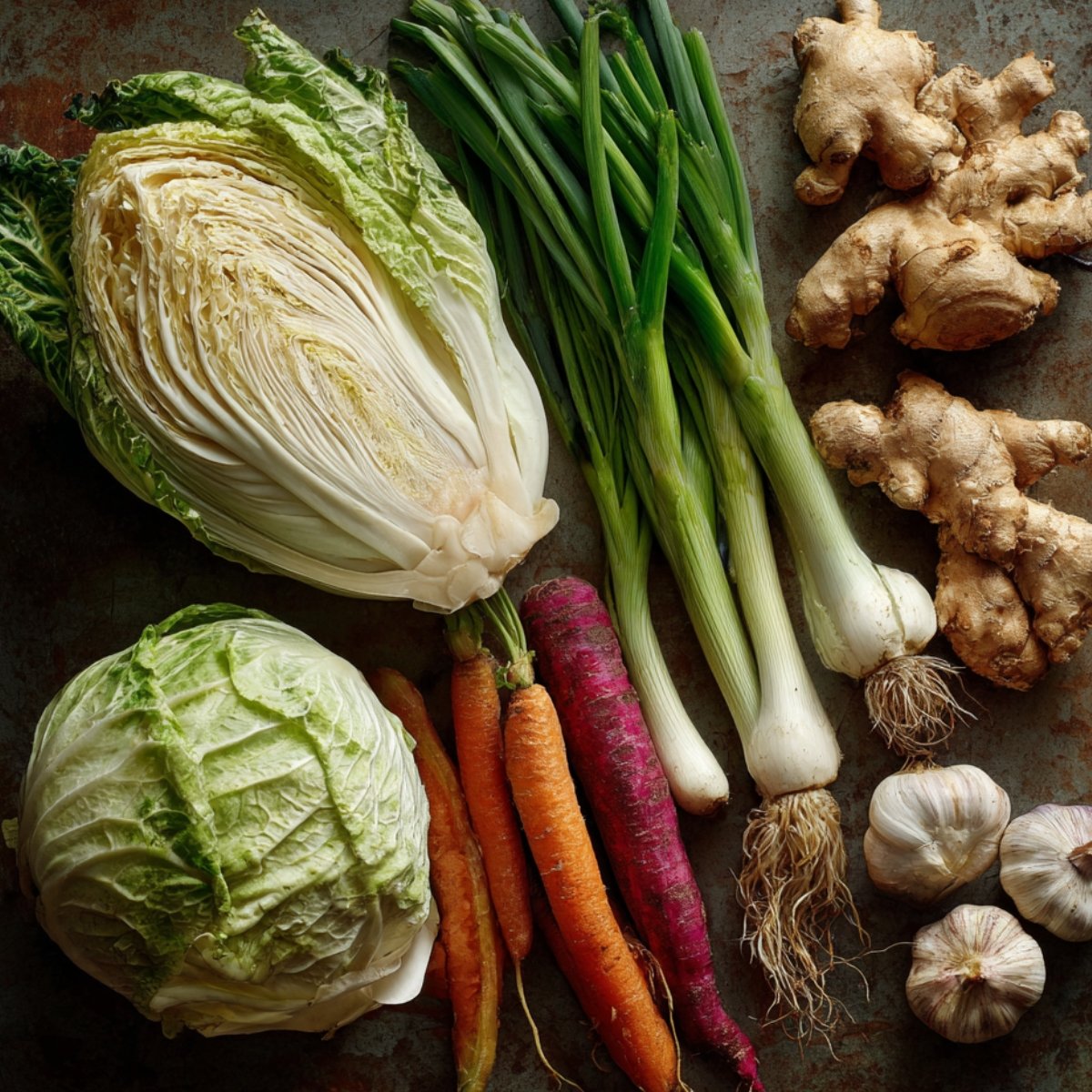 Whole fresh vegetables and aromatics including napa cabbage, green onions, carrots, garlic, and ginger laid out on a rustic surface.