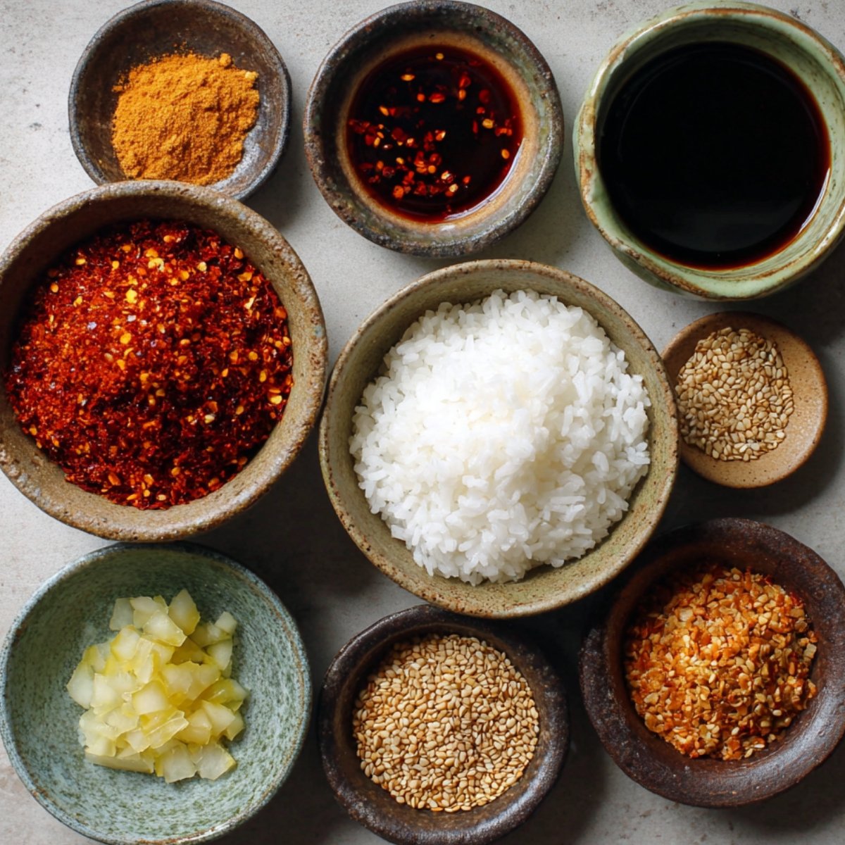 Assorted spices and condiments for Asian-style rice dishes, including white rice, sesame seeds, soy sauce, chili flakes, pickled vegetables, curry powder, and chili oil.