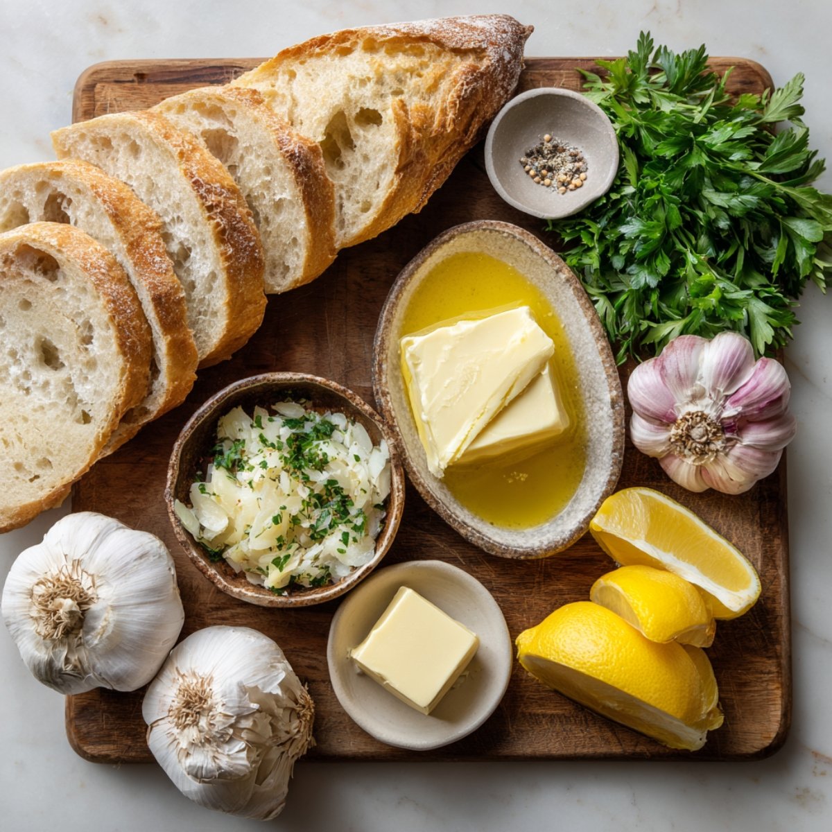 Ingredients for mussels in white wine sauce on a wooden board, including sliced baguette, butter, garlic, parsley, onions, and lemon wedges.
