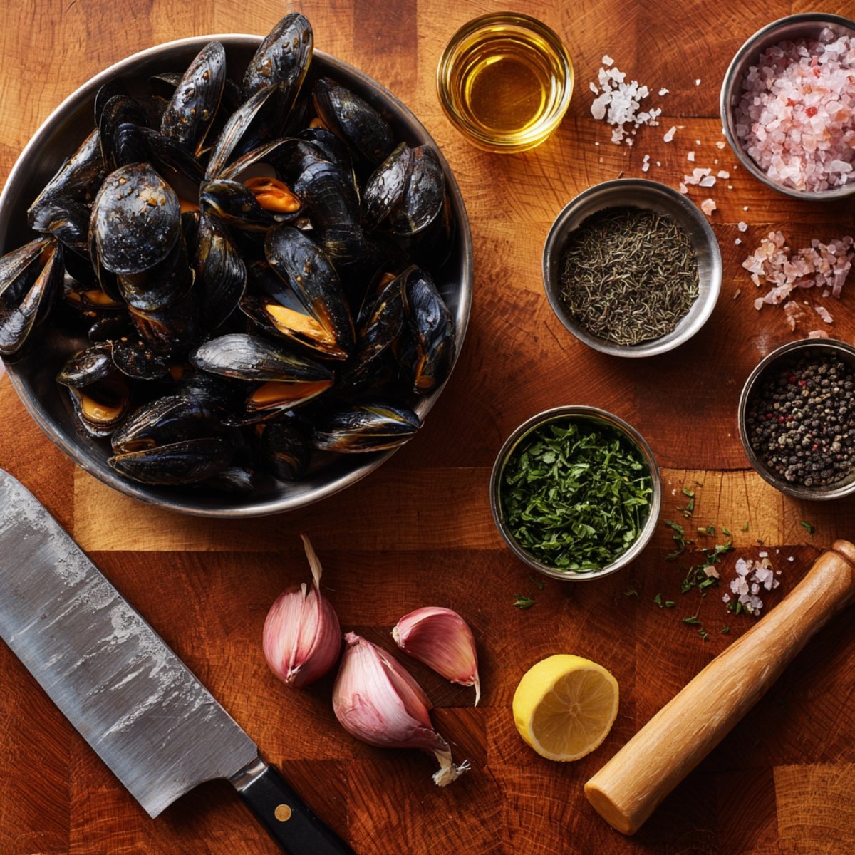 Fresh mussels in a metal bowl surrounded by seasonings like garlic cloves, lemon, herbs, peppercorns, and coarse salt on a wooden cutting board.