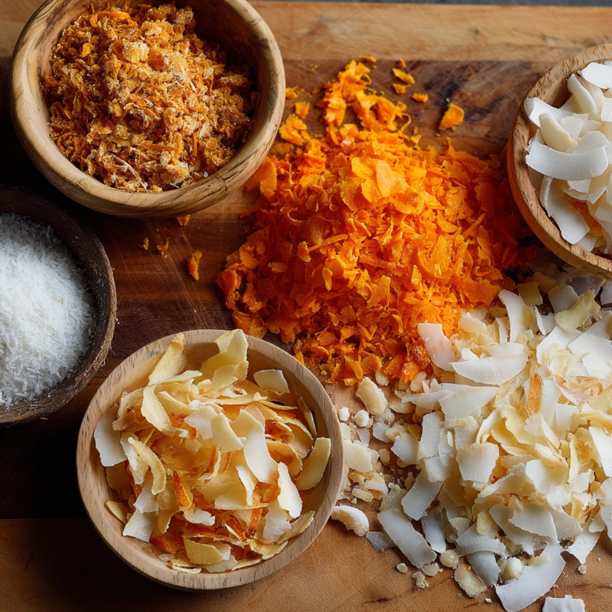 Assorted dried and shredded ingredients on a wooden surface, including shredded carrot, dried orange peel, flaked coconut, and desiccated coconut in small wooden bowls