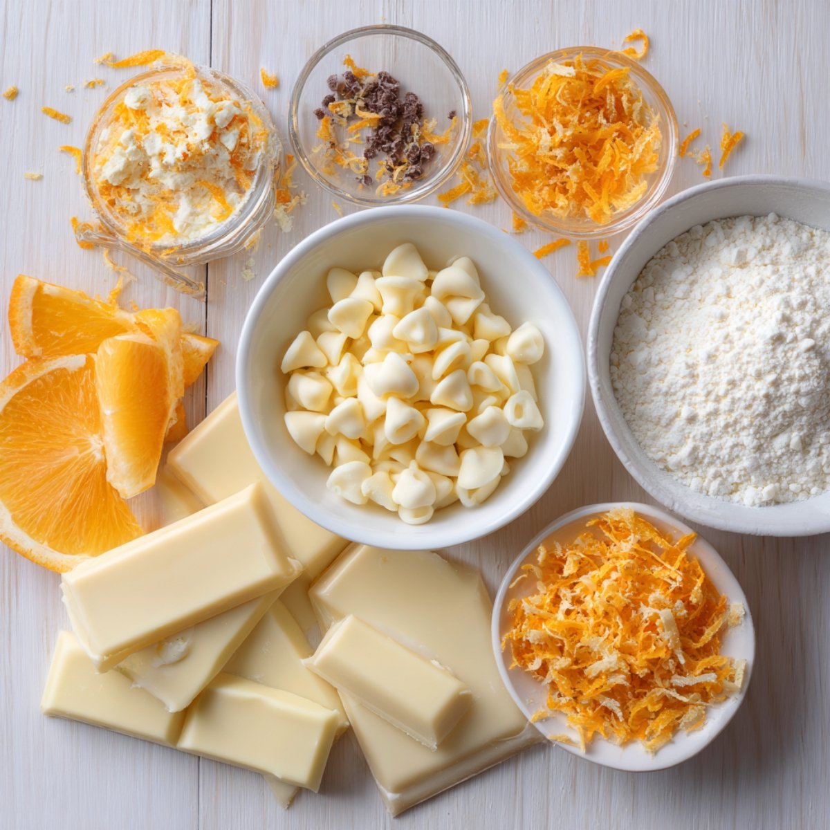 Ingredients for orange creamsicle truffles arranged on a light surface, including orange slices, white chocolate bars and chips, powdered sugar, dried orange zest, and small jars with zest and chocolate bits.
