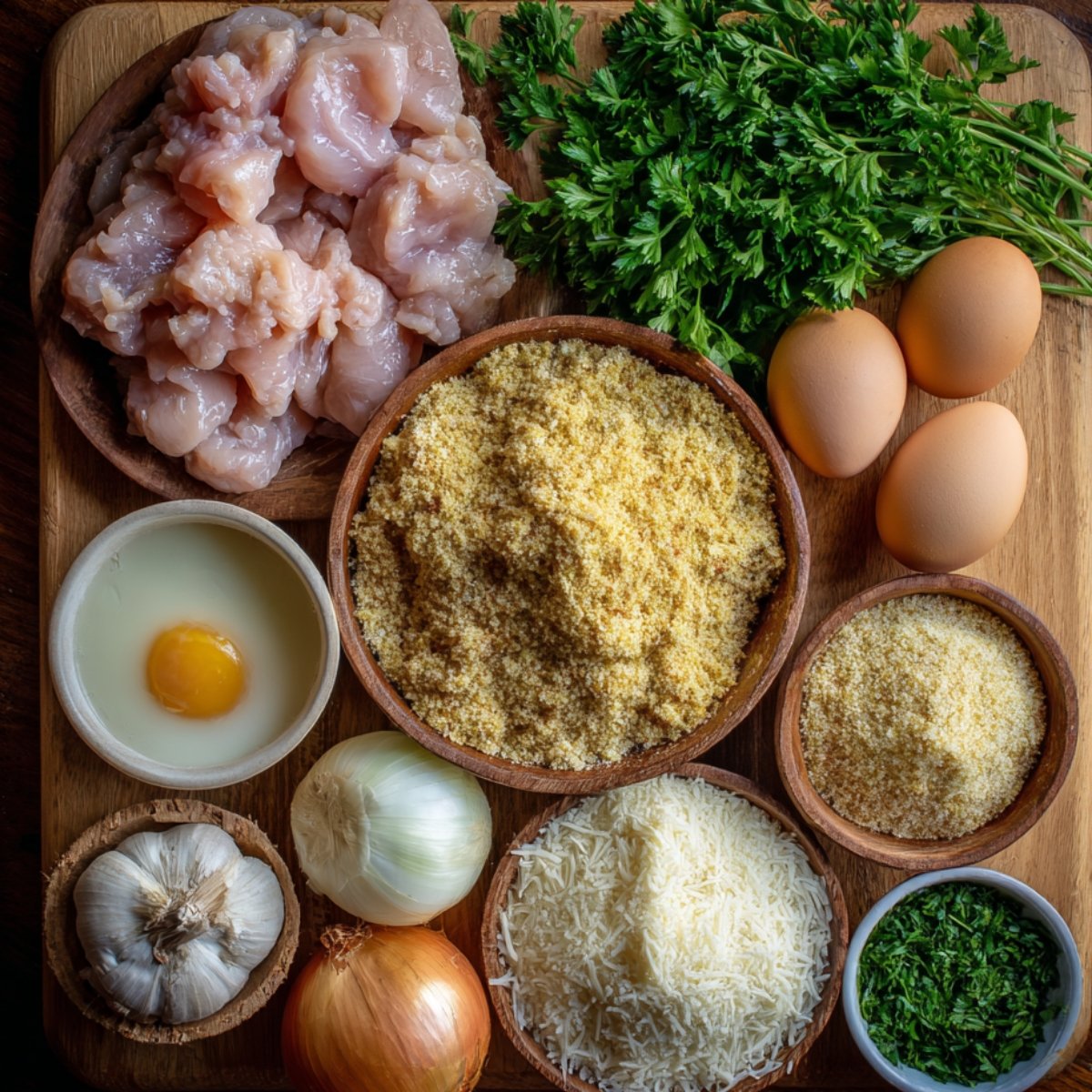 Top-down view of fresh meatloaf ingredients including ground chicken, breadcrumbs, grated parmesan, eggs, garlic, onion, and parsley on a wooden cutting board