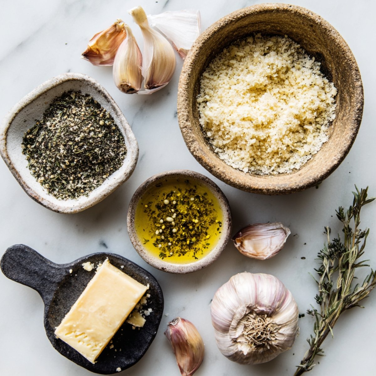 Small bowls of Italian seasoning, garlic powder, grated parmesan, olive oil, fresh thyme, and whole garlic cloves on a marble surface