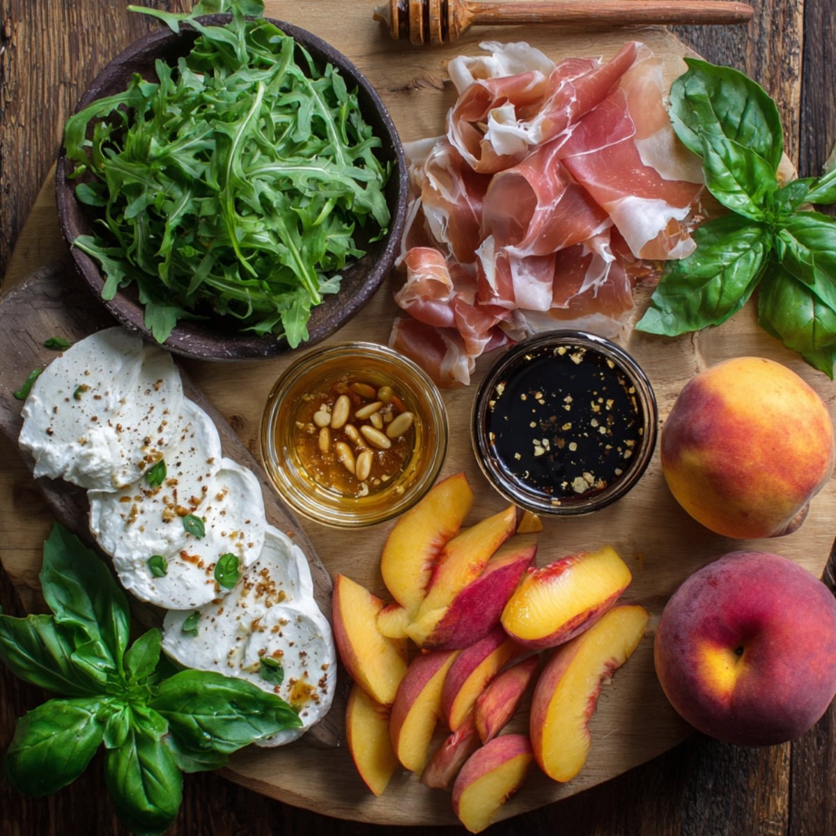 Charcuterie board with peaches, prosciutto, mozzarella, arugula, honey, pine nuts, and fresh basil.