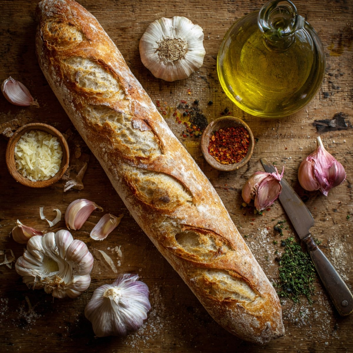 Crusty baguette with garlic, parmesan, olive oil, and herbs on a rustic wooden surface.