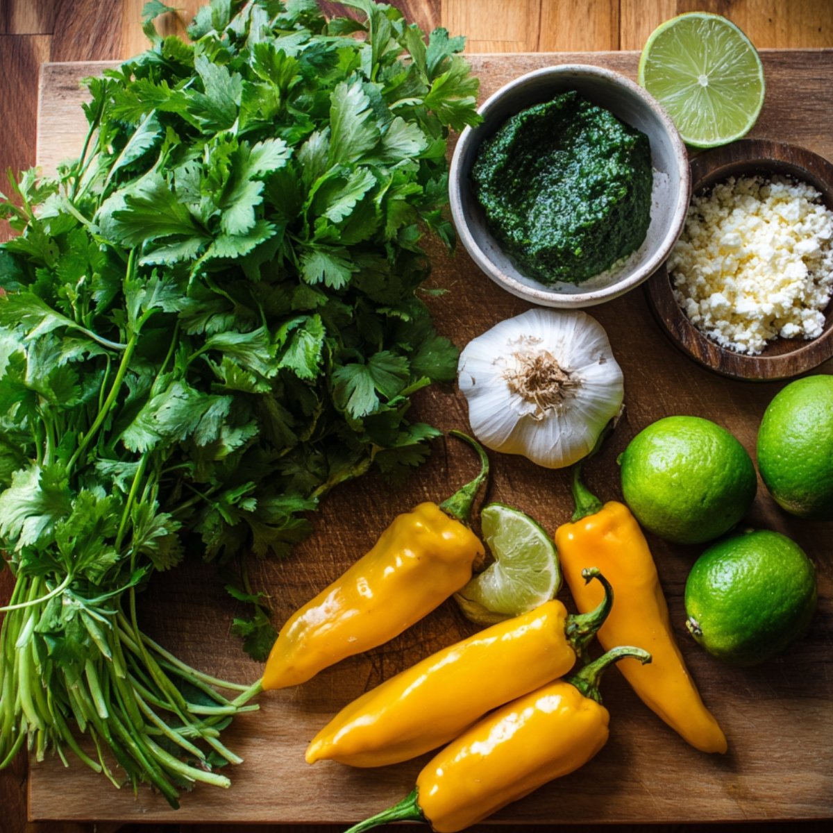 Fresh ingredients for Peruvian green sauce (Aji Verde) on a wooden board, including cilantro, aji amarillo peppers, garlic, limes, cheese, and a bowl of green sauce.